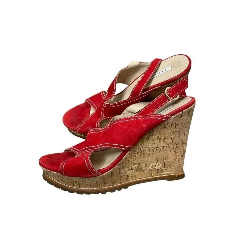 Diane Von Furstenberg DVF 'Julia' Heel in Red Suede Wedge Cork Heels 9.5